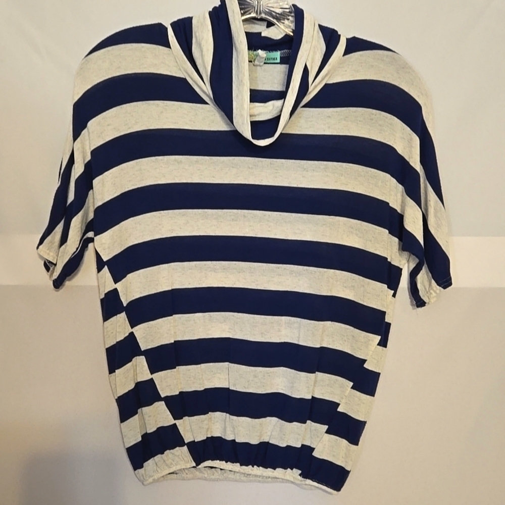 Queen Esther Shirt, Sz Sm, Striped, Top, Navy, White, Nautical, Cowl, Knit